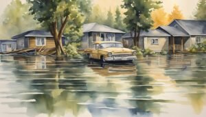 Vintage car and flooded houses in watercolor landscape.