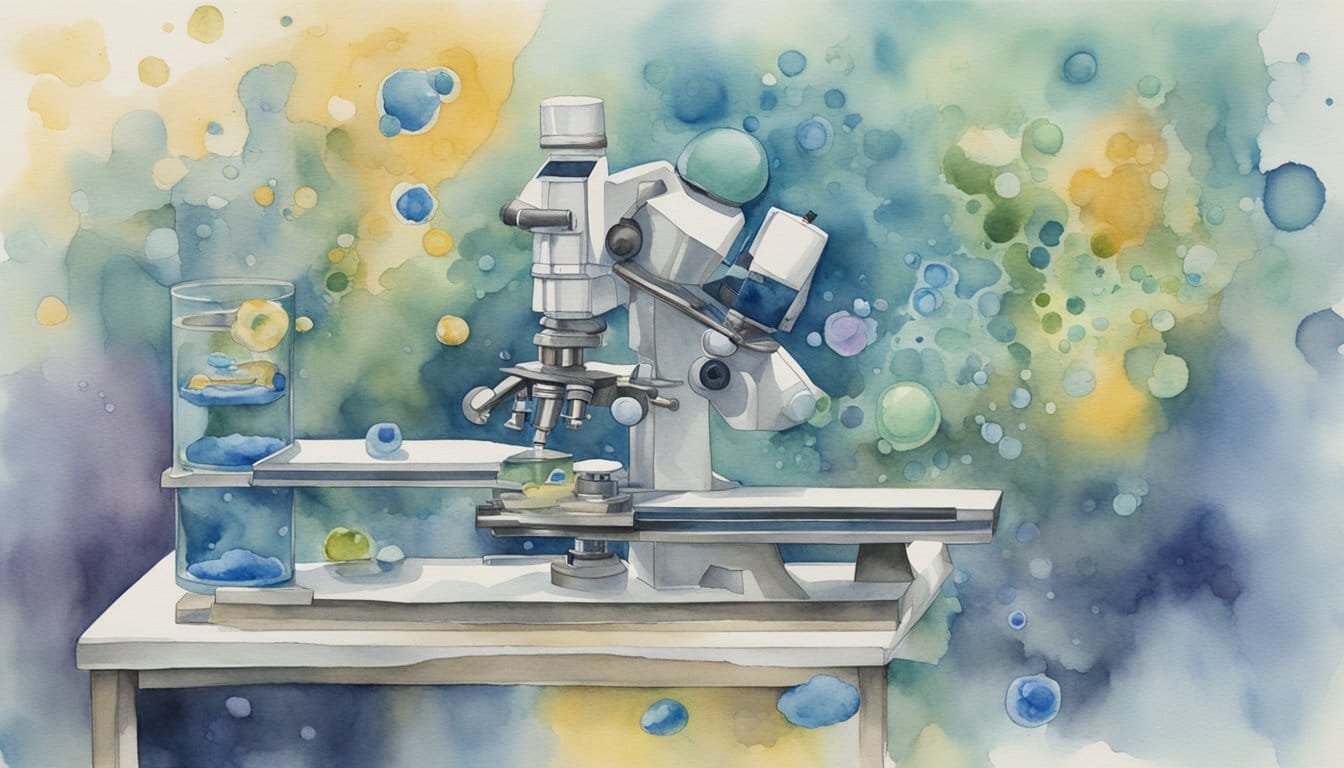 Watercolor of microscope on desk with colorful abstract background.