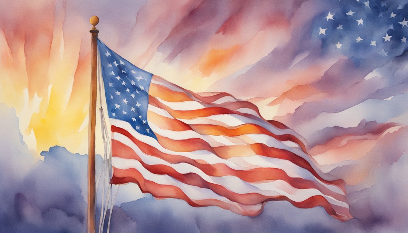 Watercolor painting of American flag at sunset