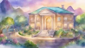 Watercolor painting of an elegant mansion at dusk.