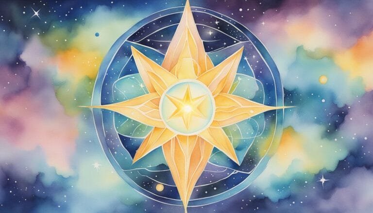 Cosmic compass illustration on colorful watercolor background.