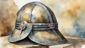 Watercolor painting of an ancient helmet with Greek motifs.