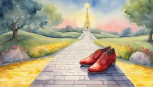 Red shoes on yellow brick road leading to monument.