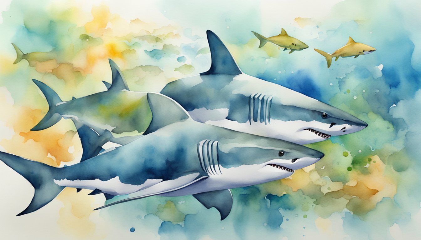 Watercolor painting of two sharks swimming with small fish.