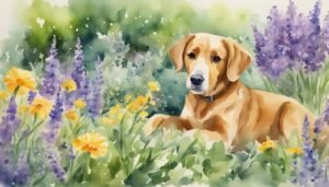 Watercolor painting of dog in blooming garden.