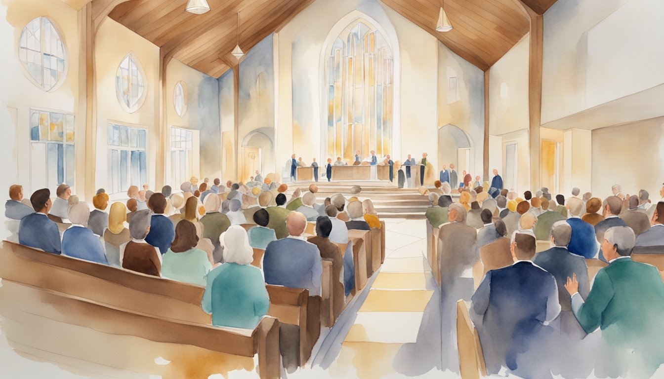 Watercolor painting of a wedding ceremony in a church.