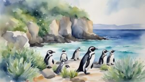 Penguins on sandy beach with coastal cliffs and ocean.