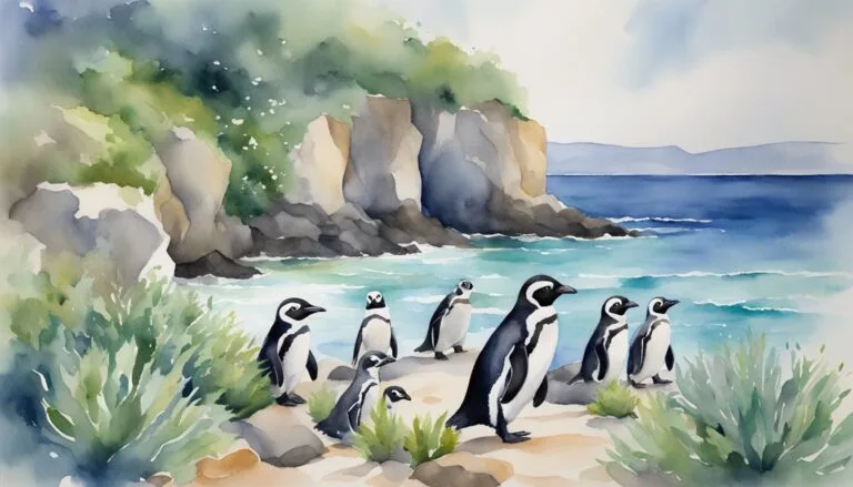 Penguins on sandy beach with coastal cliffs and ocean.