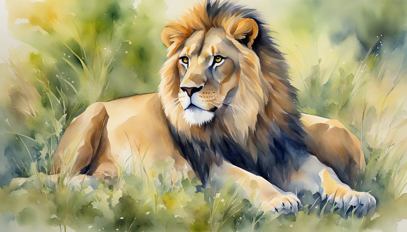 Watercolor painting of a majestic lion in grasslands.