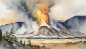 Watercolor painting of a volcanic eruption at sunset.