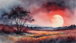 Watercolor painting of moonrise over a serene landscape.