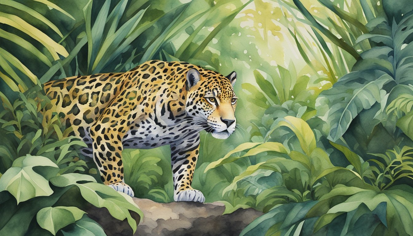 Jaguar prowling in lush green jungle watercolor painting.