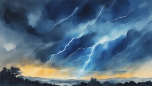 Dramatic watercolor painting of lightning over hills.