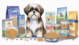 Shih Tzu with various dog food packages.