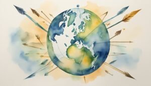 Watercolor globe with arrows pointing outward on light background.