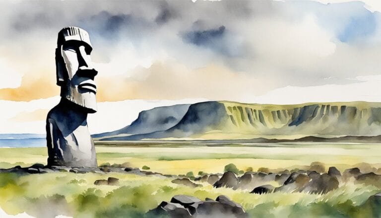 Watercolor painting of Moai statue and scenic landscape.