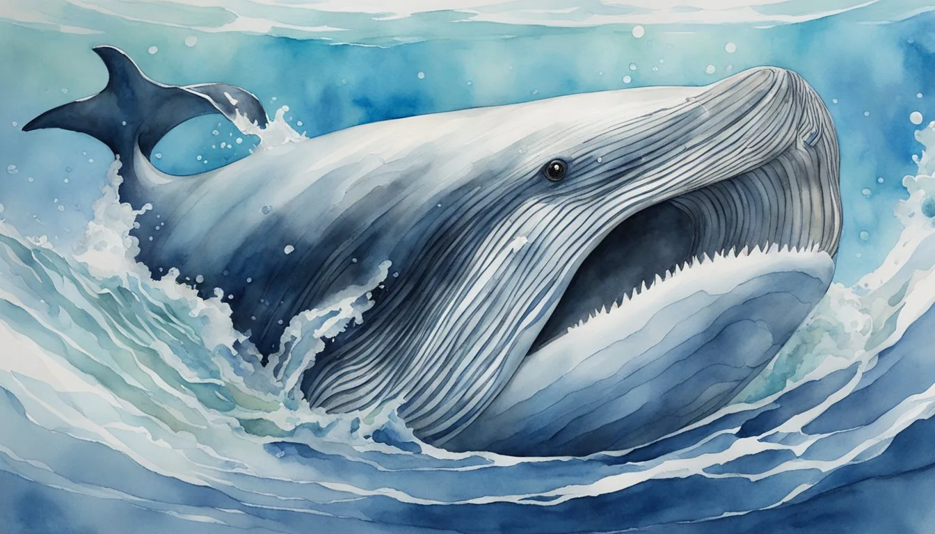 Watercolor illustration of a whale breaching ocean waves.