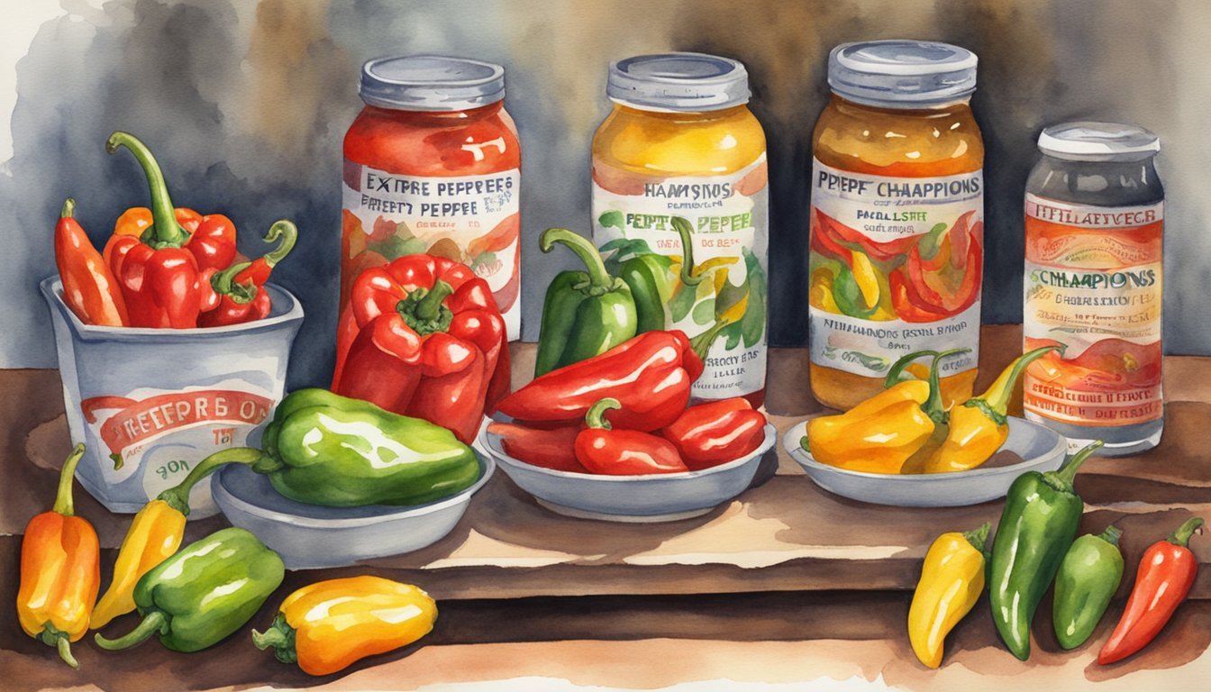 Colorful peppers and assorted pickled vegetables in jars.