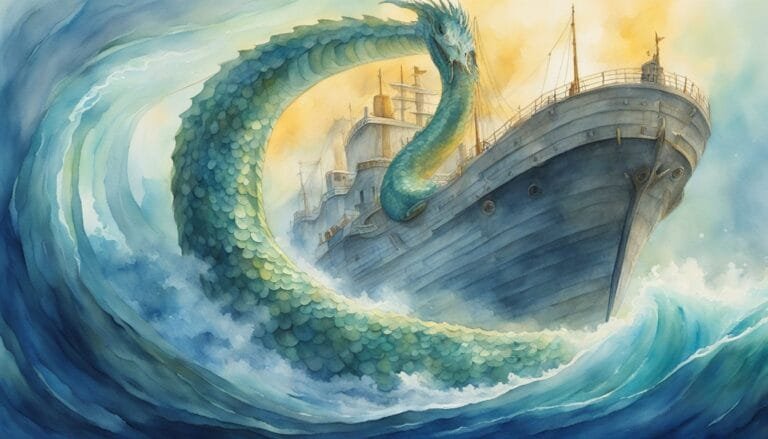 Sea serpent encircling a ship in stormy ocean waters.