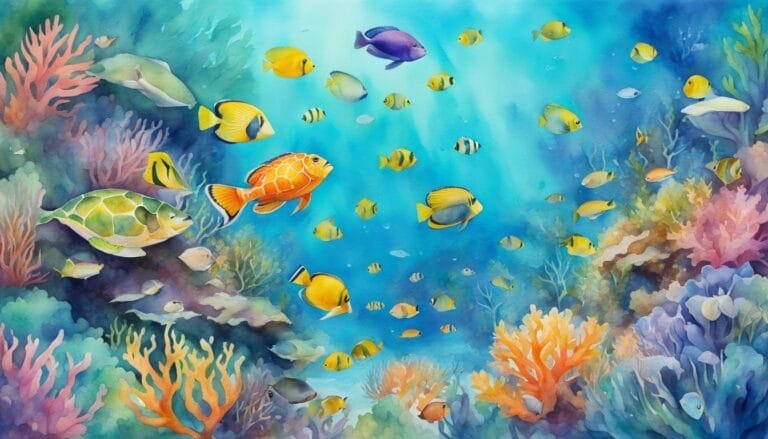 Colorful watercolor illustration of vibrant underwater scene.