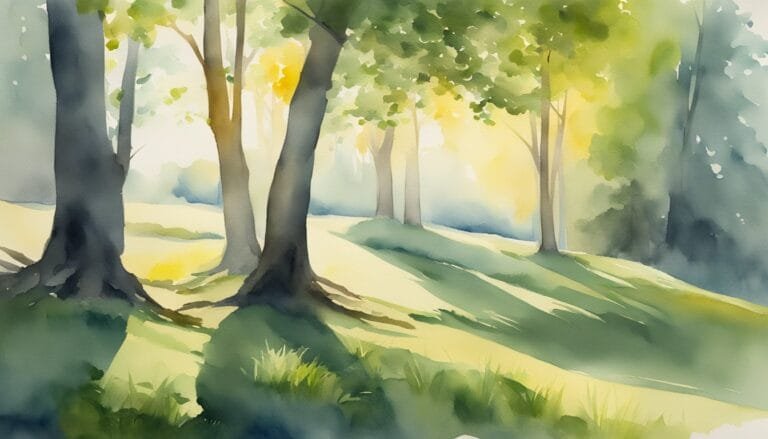 Watercolor painting of serene, sunlit forest landscape.