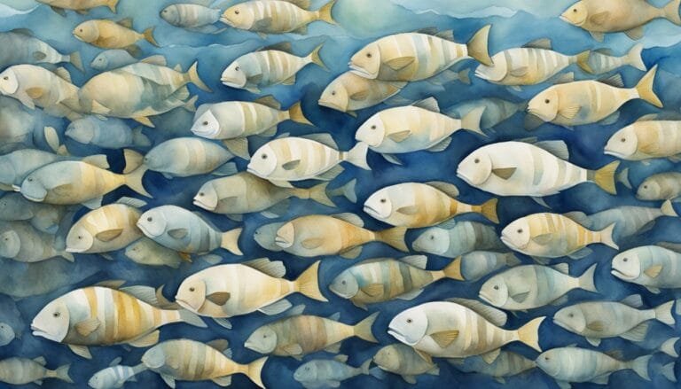 Watercolor painting of a school of striped fish.