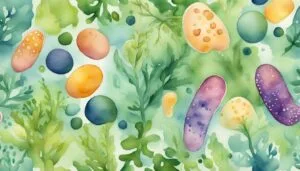 Colorful watercolor Easter eggs among green foliage.