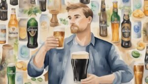 Man holding Guinness beer amidst assorted bottles and glasses.