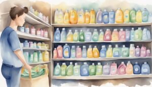 Person shopping for colorful detergents at store.