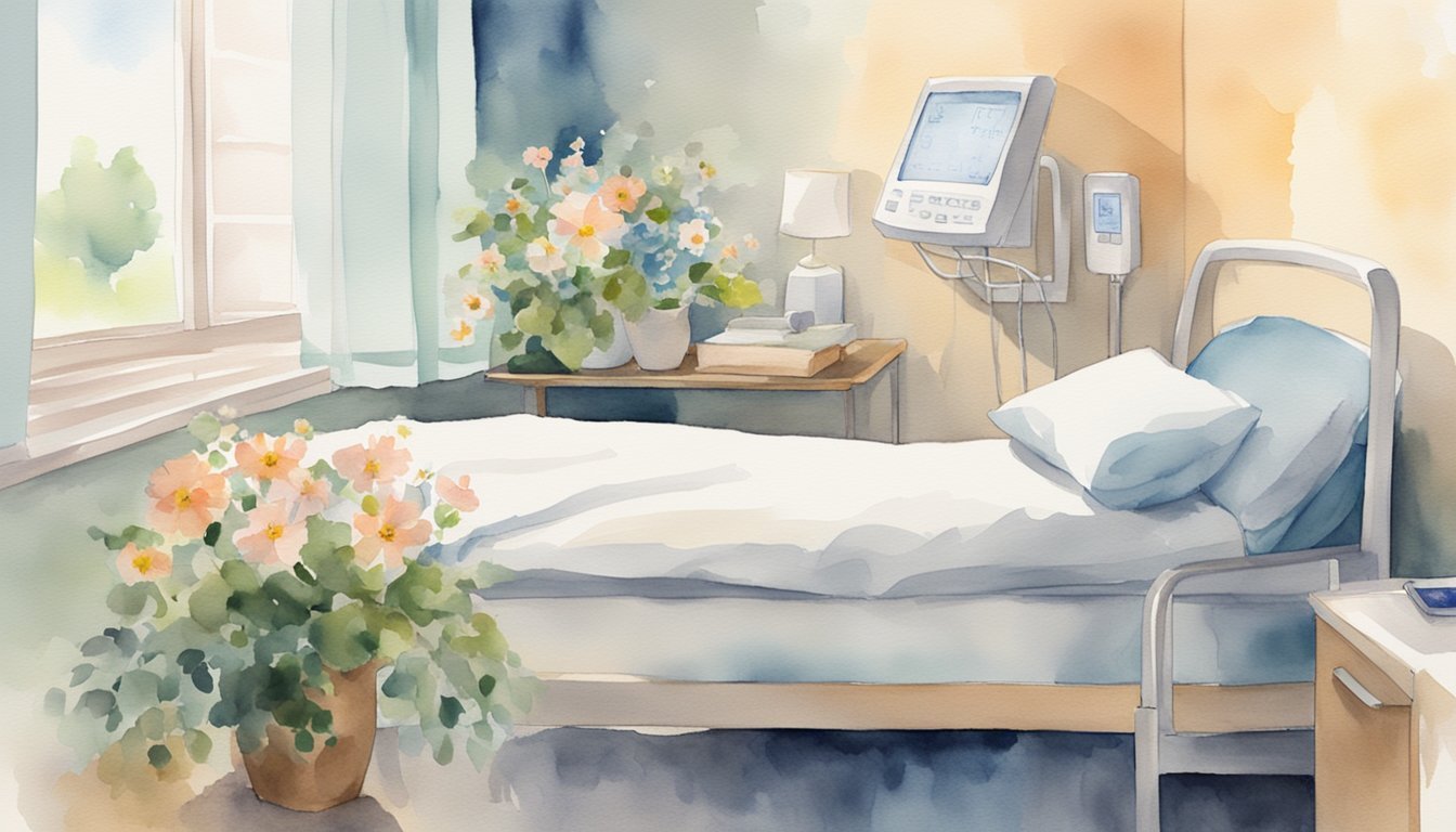 Watercolor painting of a serene hospital room with flowers.