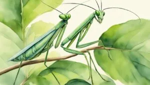 Watercolor illustration of a praying mantis on green leaves.