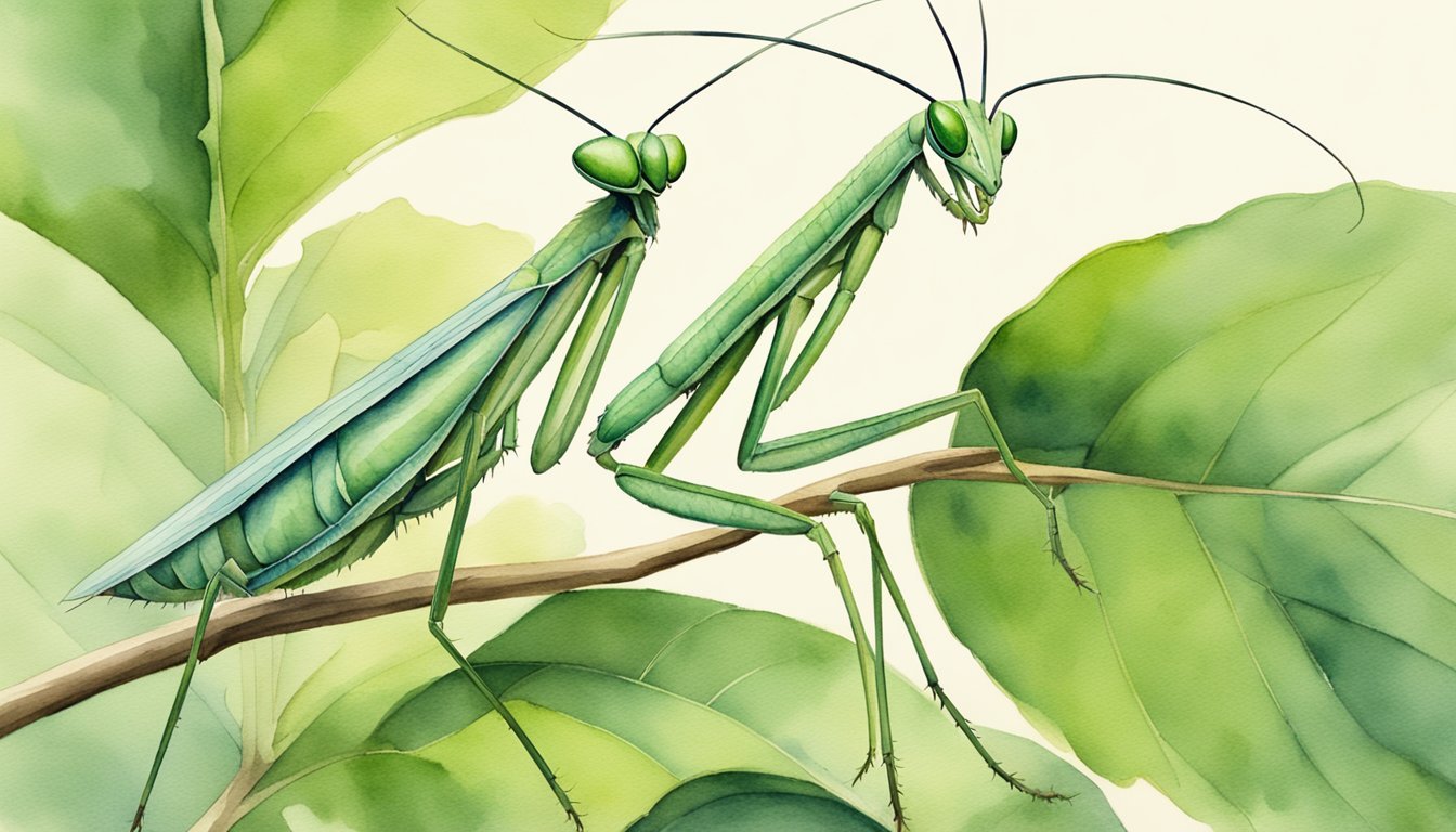 Watercolor illustration of a praying mantis on green leaves.