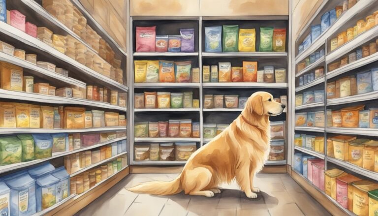 Golden Retriever in pet food aisle of store.