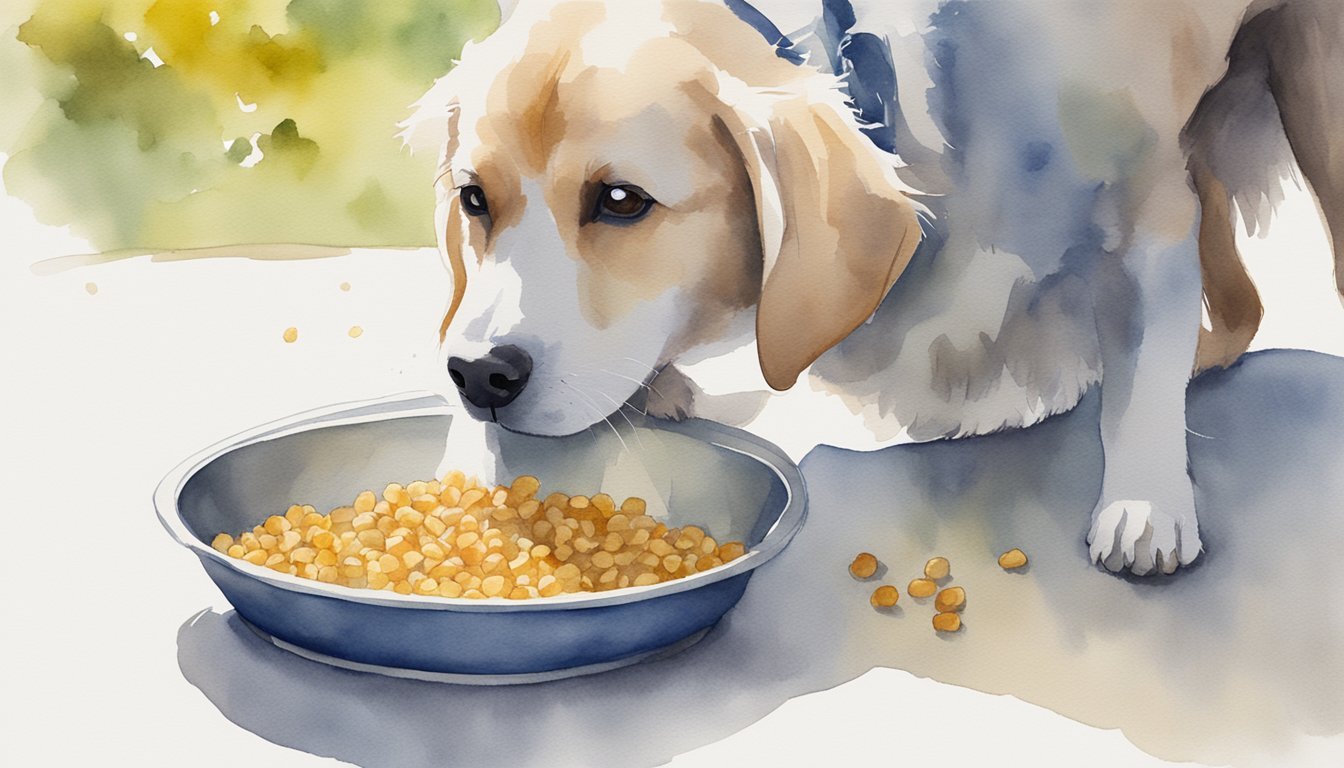 Golden retriever eating kibble from bowl in watercolor.