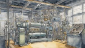 Watercolor illustration of industrial machinery in factory setting.