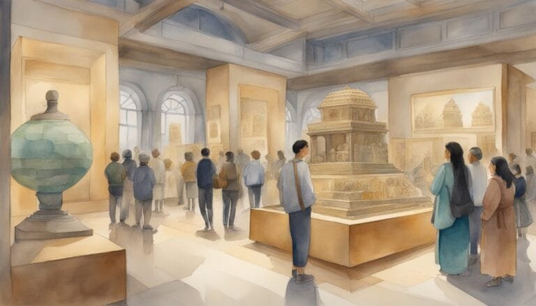 Visitors exploring artifacts in a museum gallery.