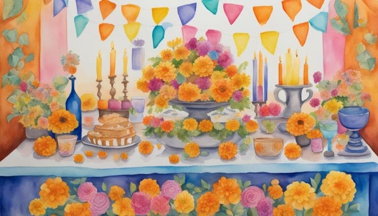 Colorful festive watercolor of flowers, cake, and candles.