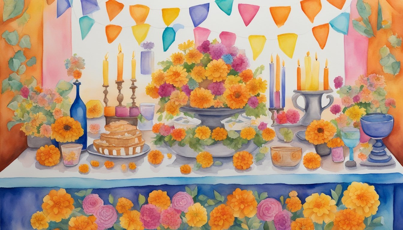 Colorful festive watercolor of flowers, cake, and candles.