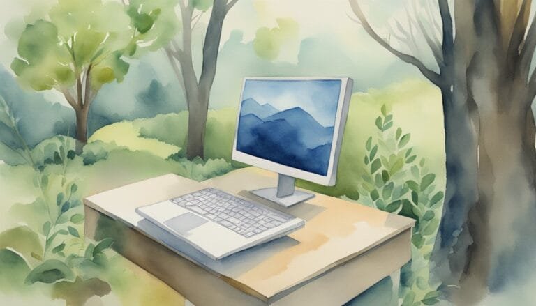 Watercolor illustration of computer in serene forest setting.