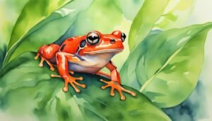 Red frog on green leaf, watercolor illustration.