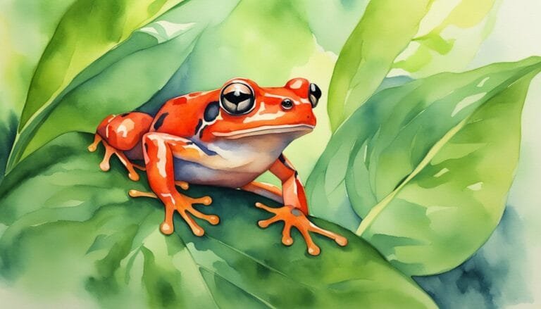 Red frog on green leaf, watercolor illustration.