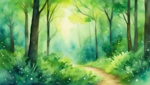 Mystical watercolor forest with sunlit path and glowing orbs.