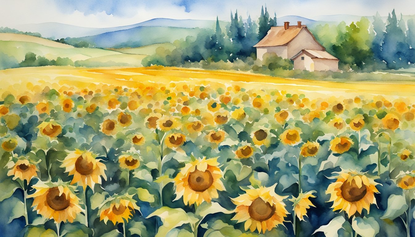 Watercolor sunflower field with distant house and hills.