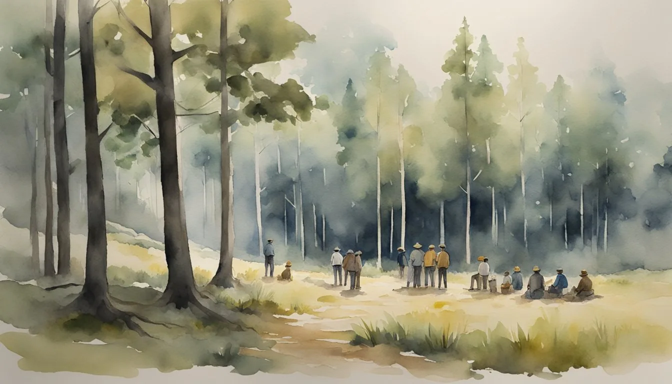 Watercolor painting of people in a foggy, forested landscape.