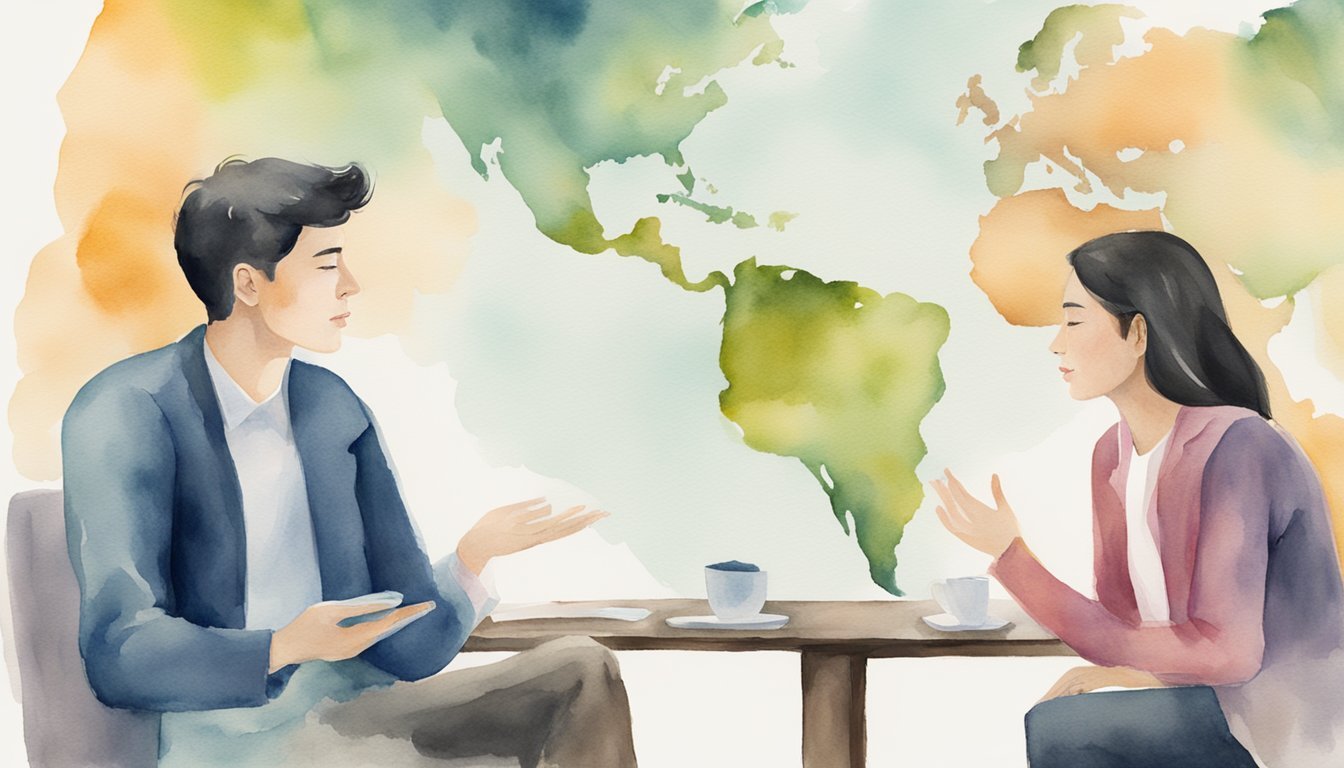 Man and woman discussing over coffee with world map background.