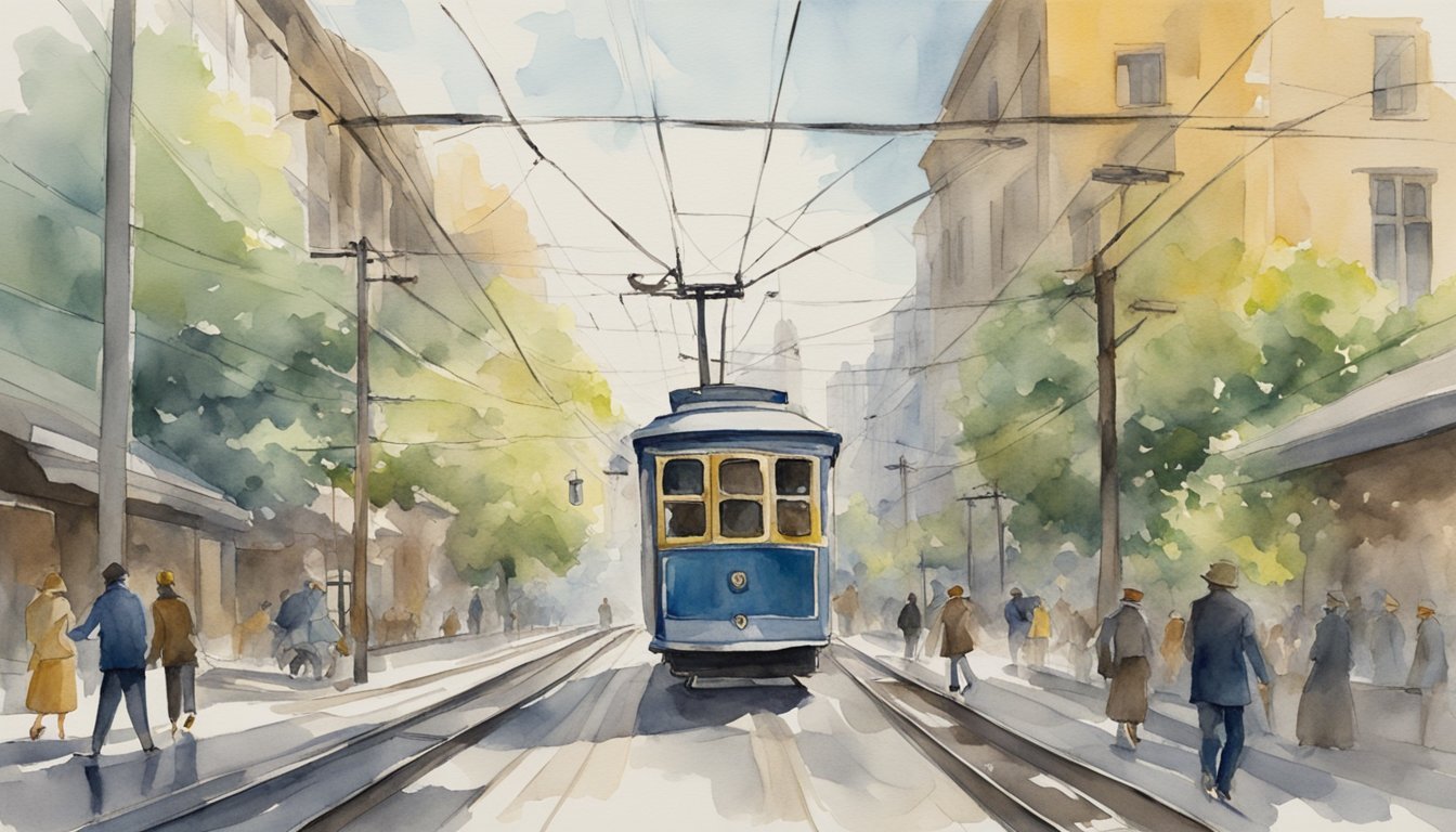 Watercolor painting of a bustling streetcar scene.