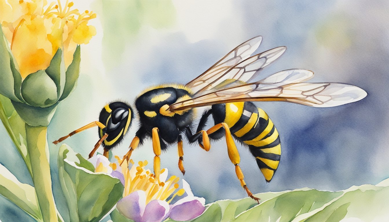 Watercolor painting of a bee on vibrant flowers.