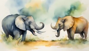 Two elephants in colorful watercolor landscape.