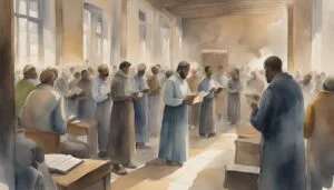 Religious gathering with reading in sunlit historical mosque.