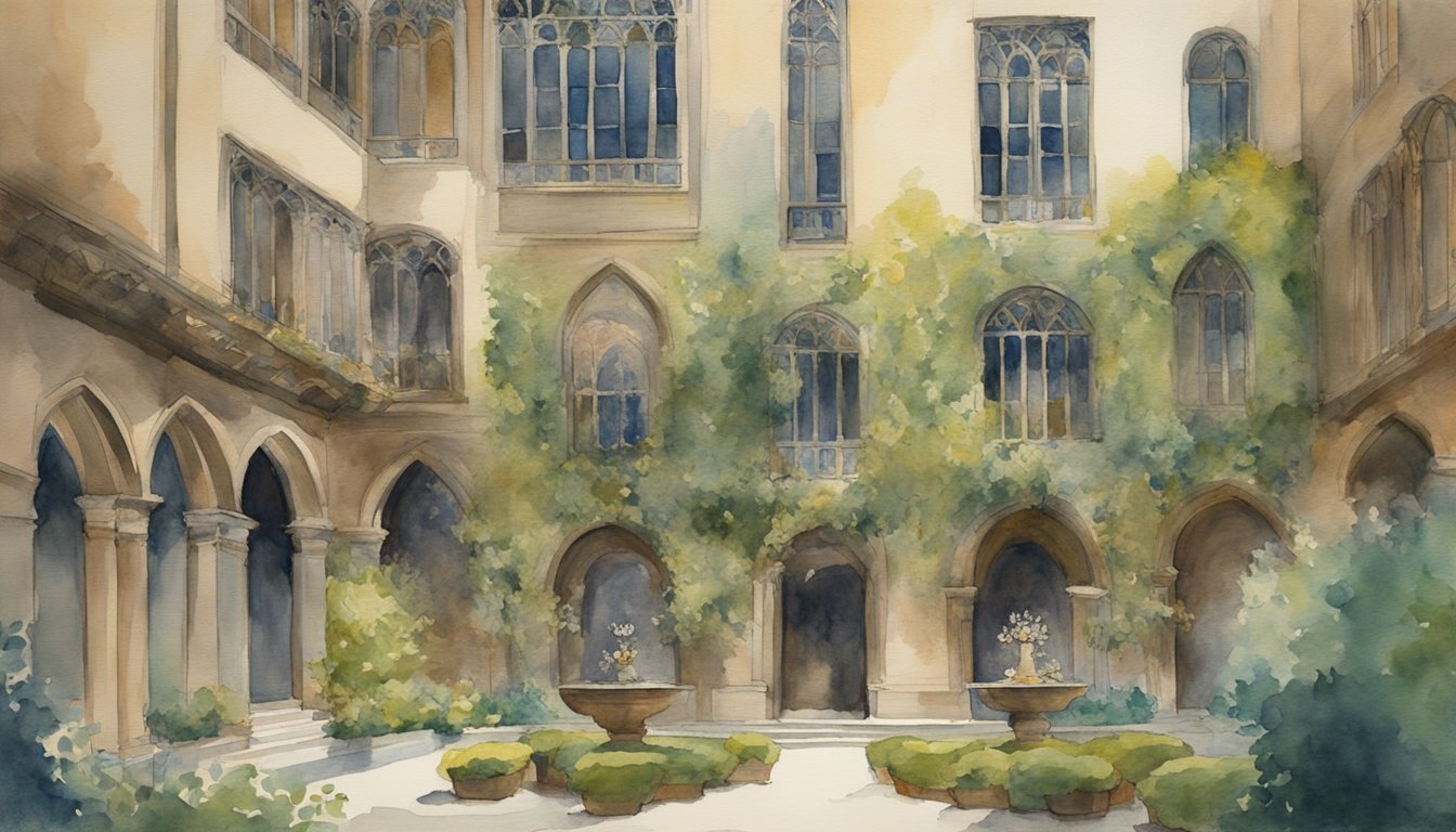 Watercolor of vine-covered gothic courtyard with arches.